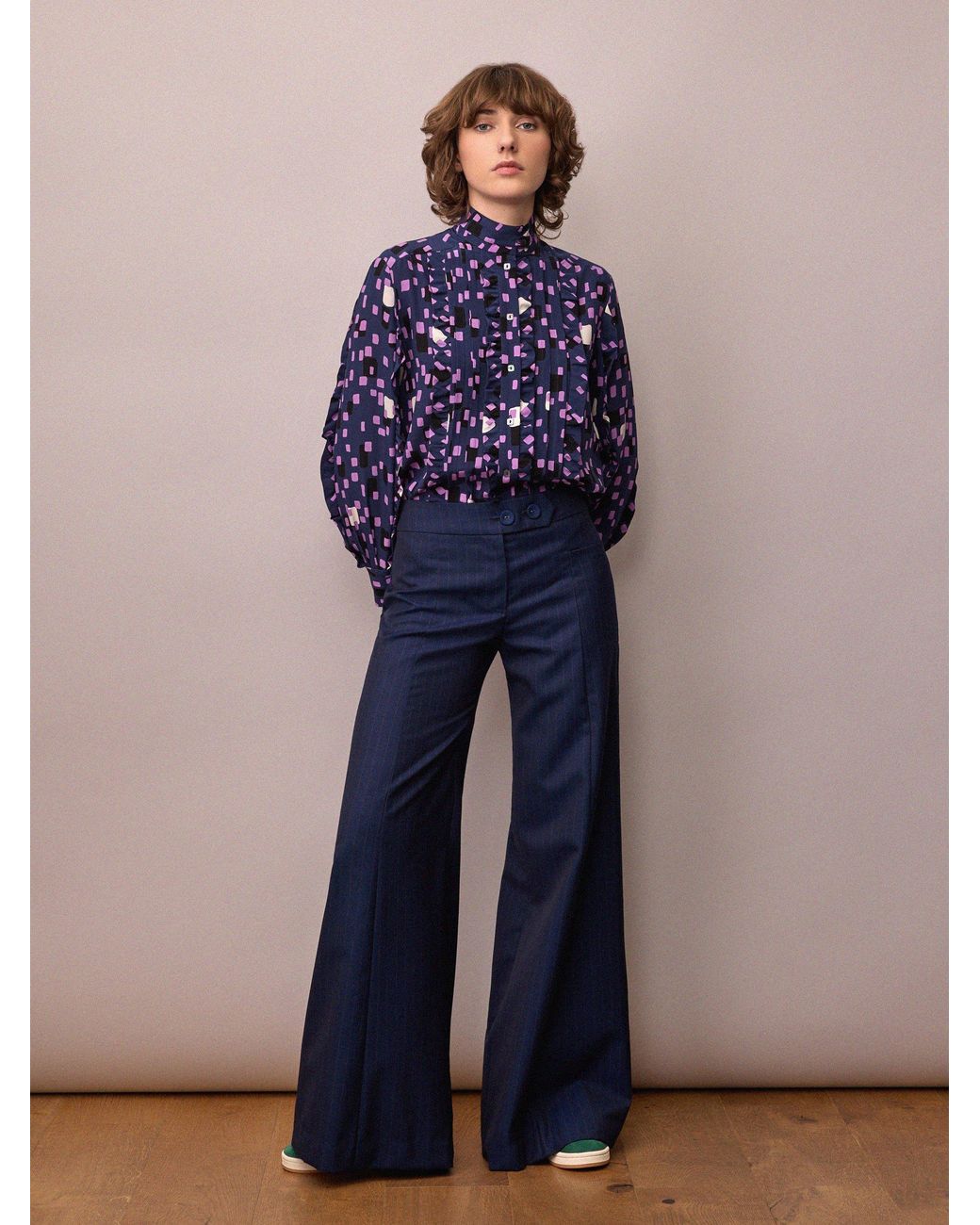 Amanda Thompson Couture Blue Frankie Shirt Abstract Silk Print