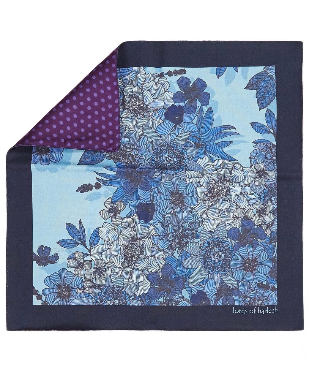 Lords of Harlech Blue Hudson Valencia Floral Merino Handkerchief Pocket Square for men