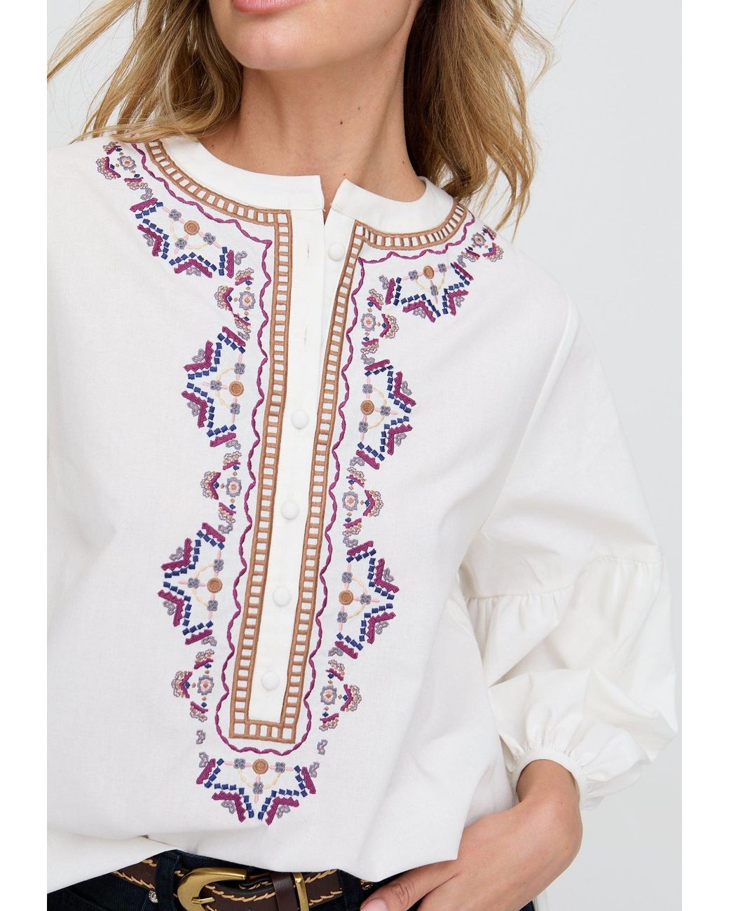 Raffya Natural Anai Half Placket Embroidered Blouse