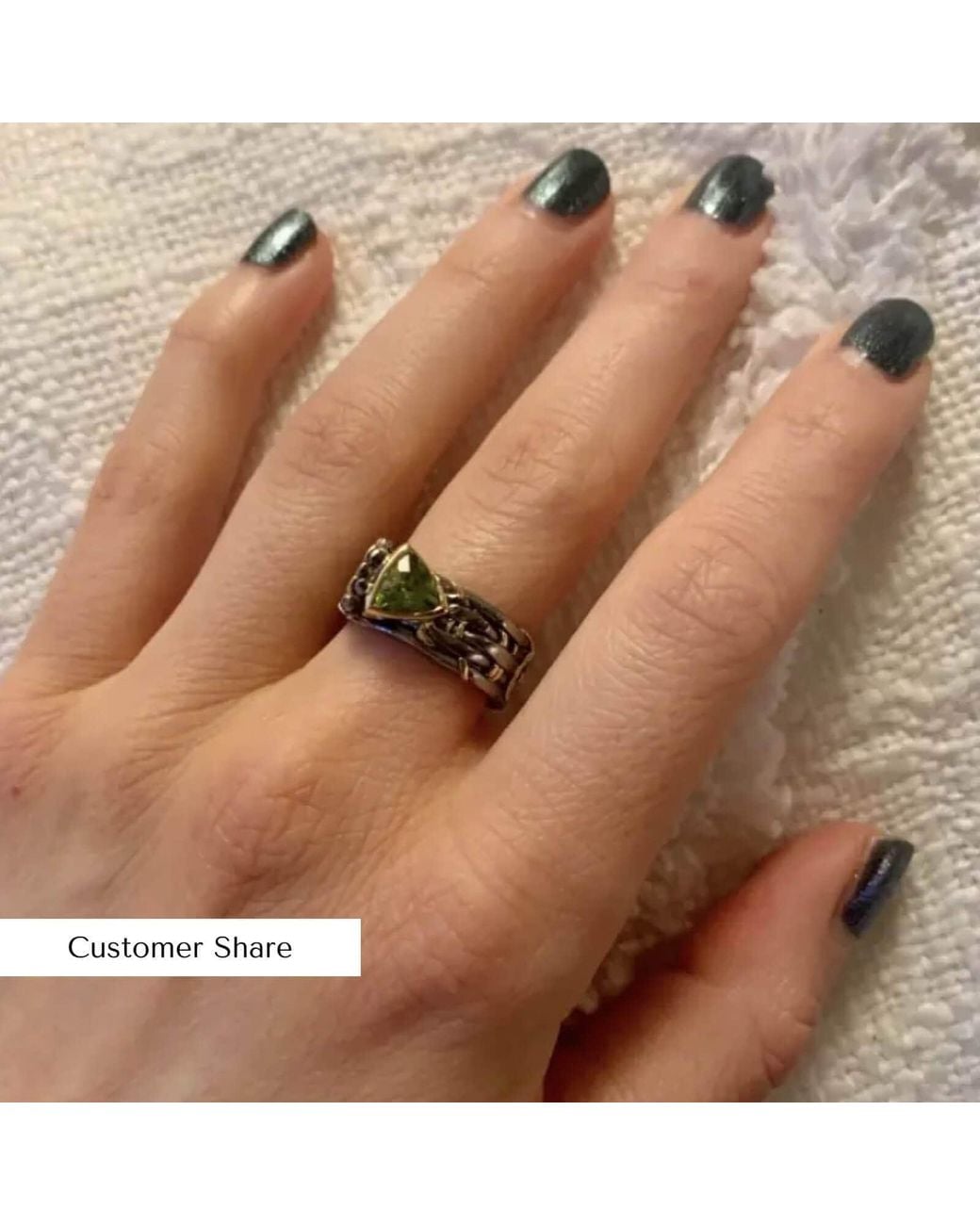 German Kabirski Metallic Nicasia Ring With Trillion Cut Peridot