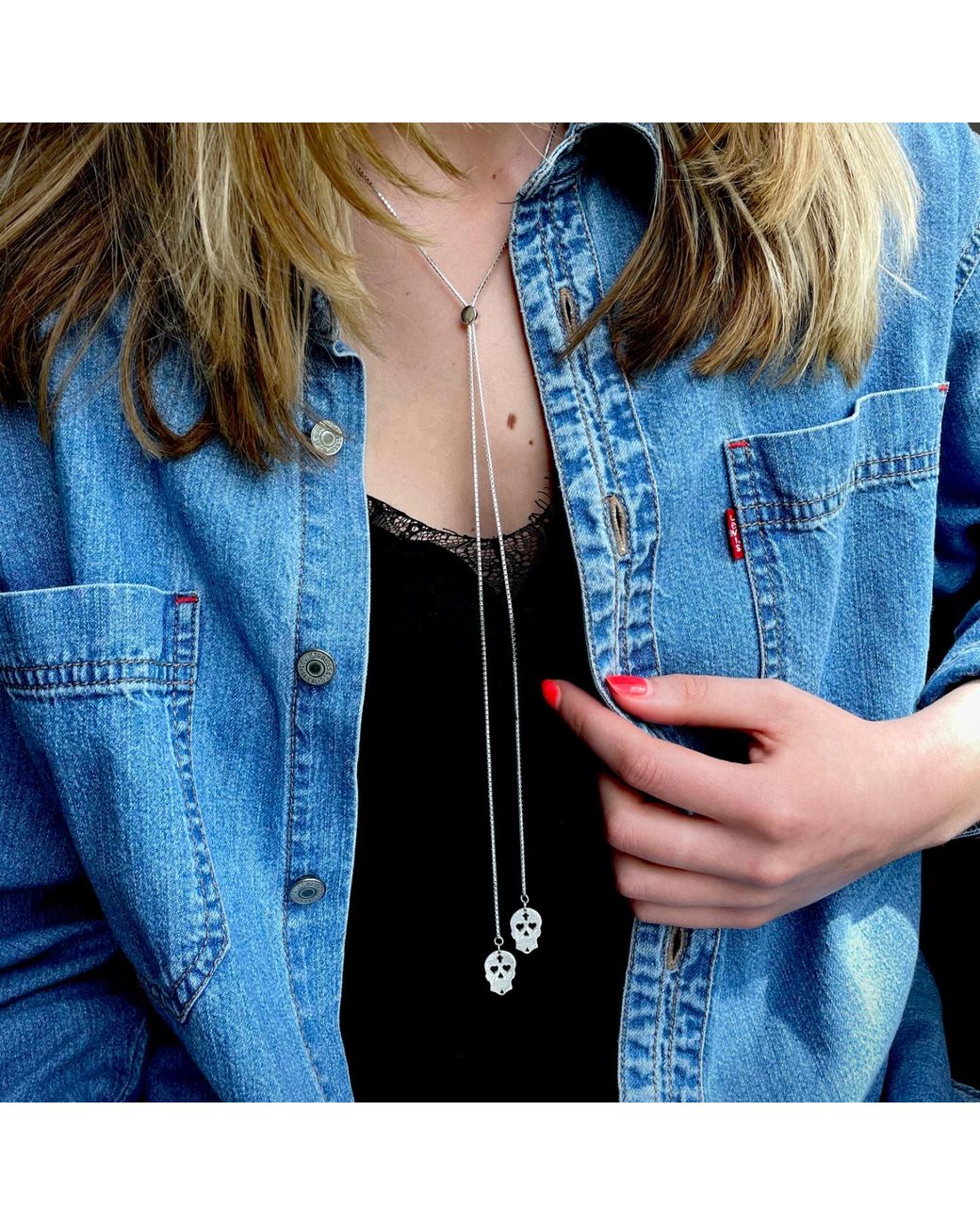 CarterGore Metallic Sugar Skull Sterling Slider Necklace