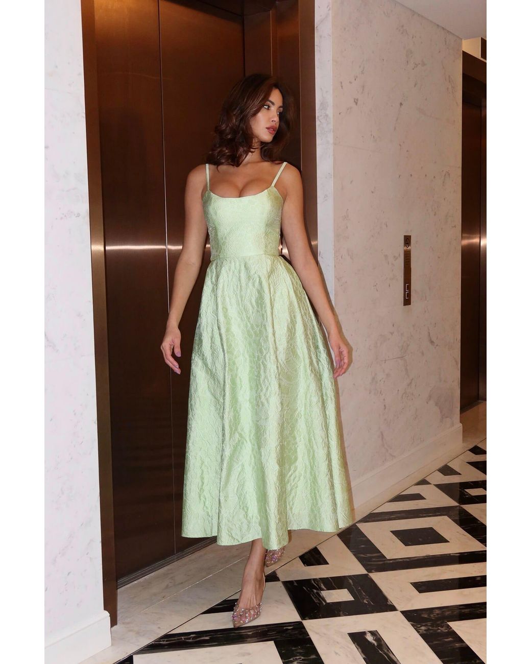 POST MERIDIEM Green Lime Jacquard Fitted Corset Bustier Dress