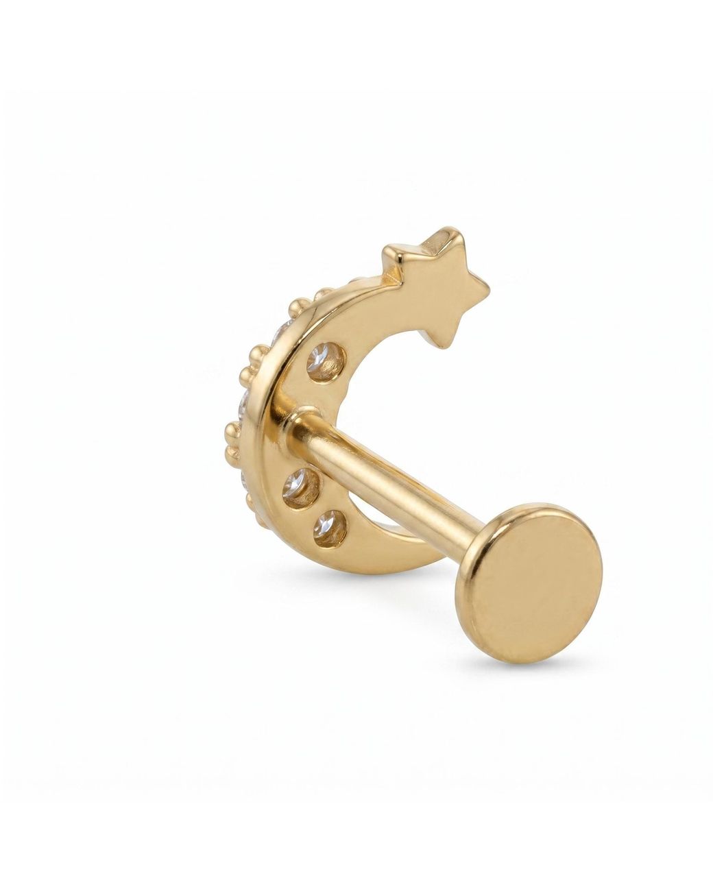 Zahav Jewelry Metallic 14K Solid 18G 8Mm Star Moon Round Cz Internally Threaded Flat Back Stud