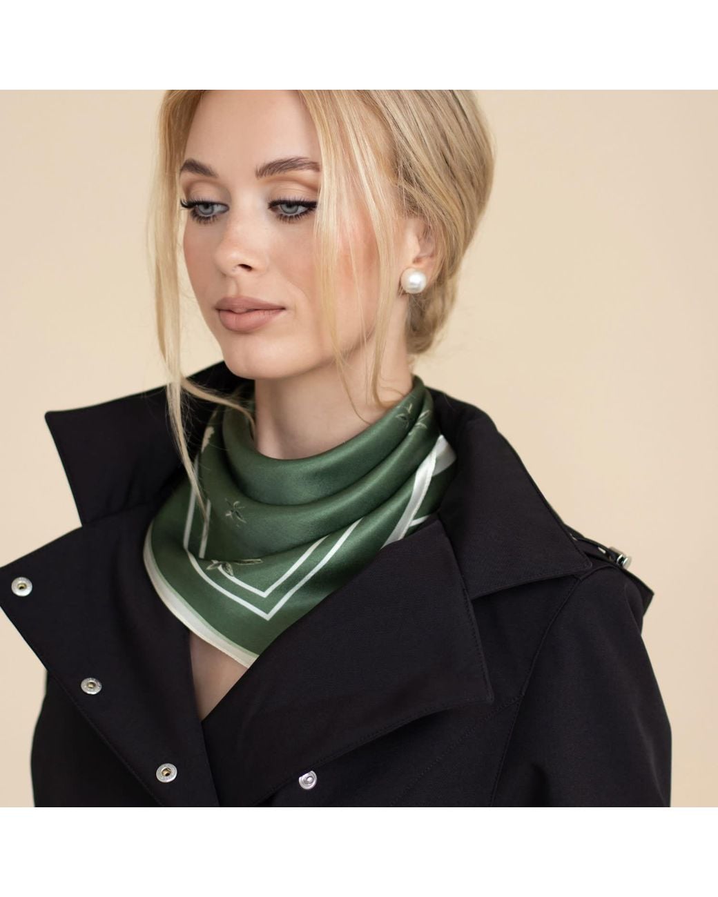 RainSisters Green Small Floral Print Natural Silk Scarf