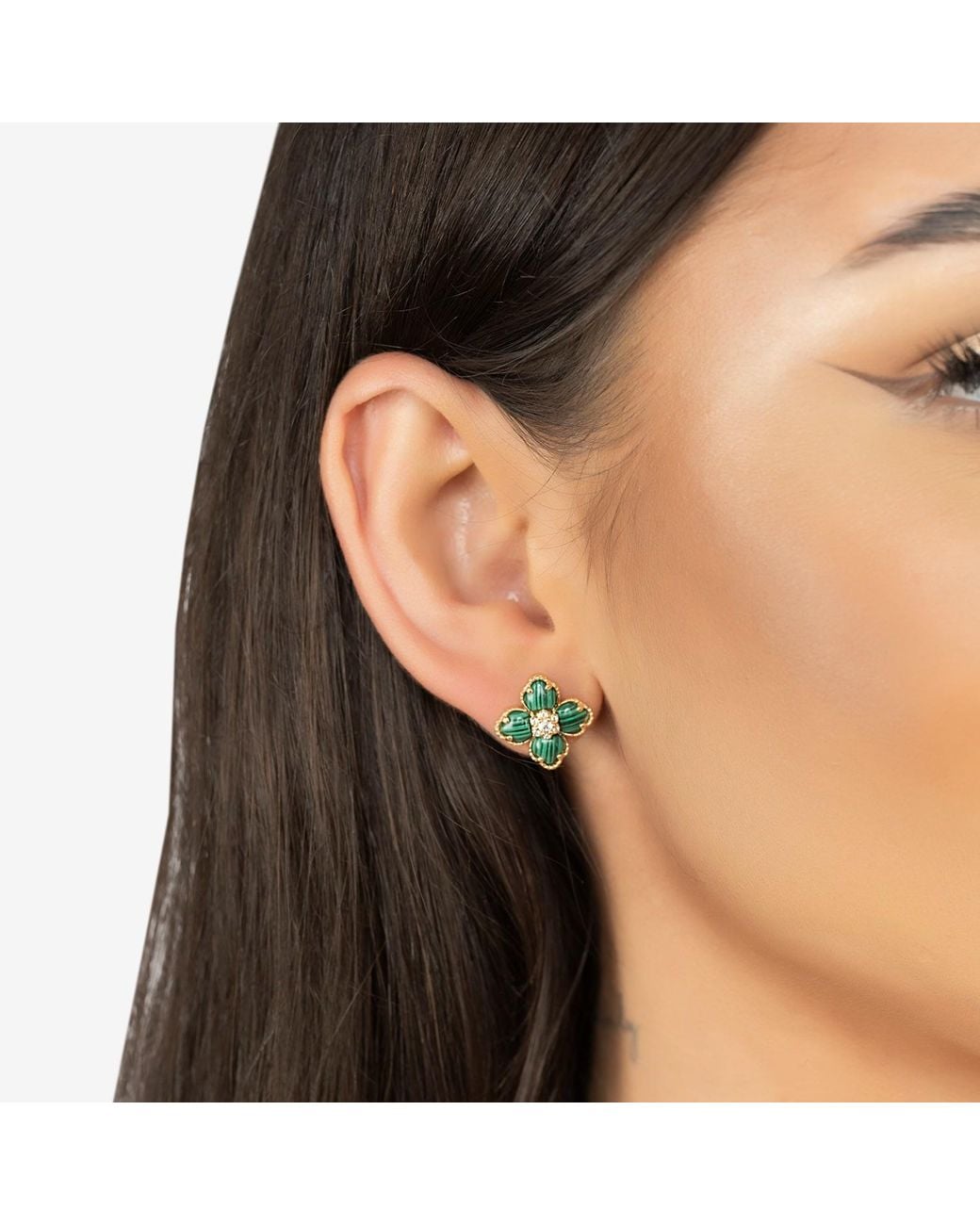 Latelita London Green Flower Clover Malachite Stud Earrings