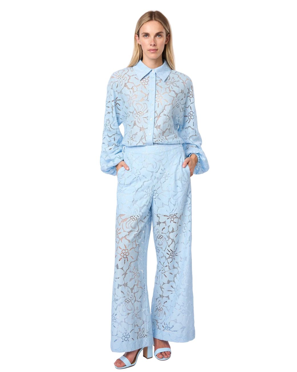 Carloslines Blue Oversized Balloon Sleeve Button Down Lace Shirt W/ Shirttail