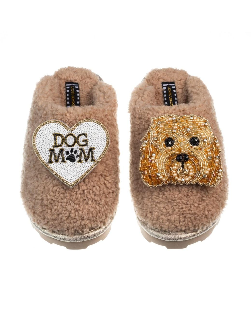 Laines London Natural Teddy Closed Toe Slippers With Enki Doo The Cockapoo & Dog Mum Mom Brooches