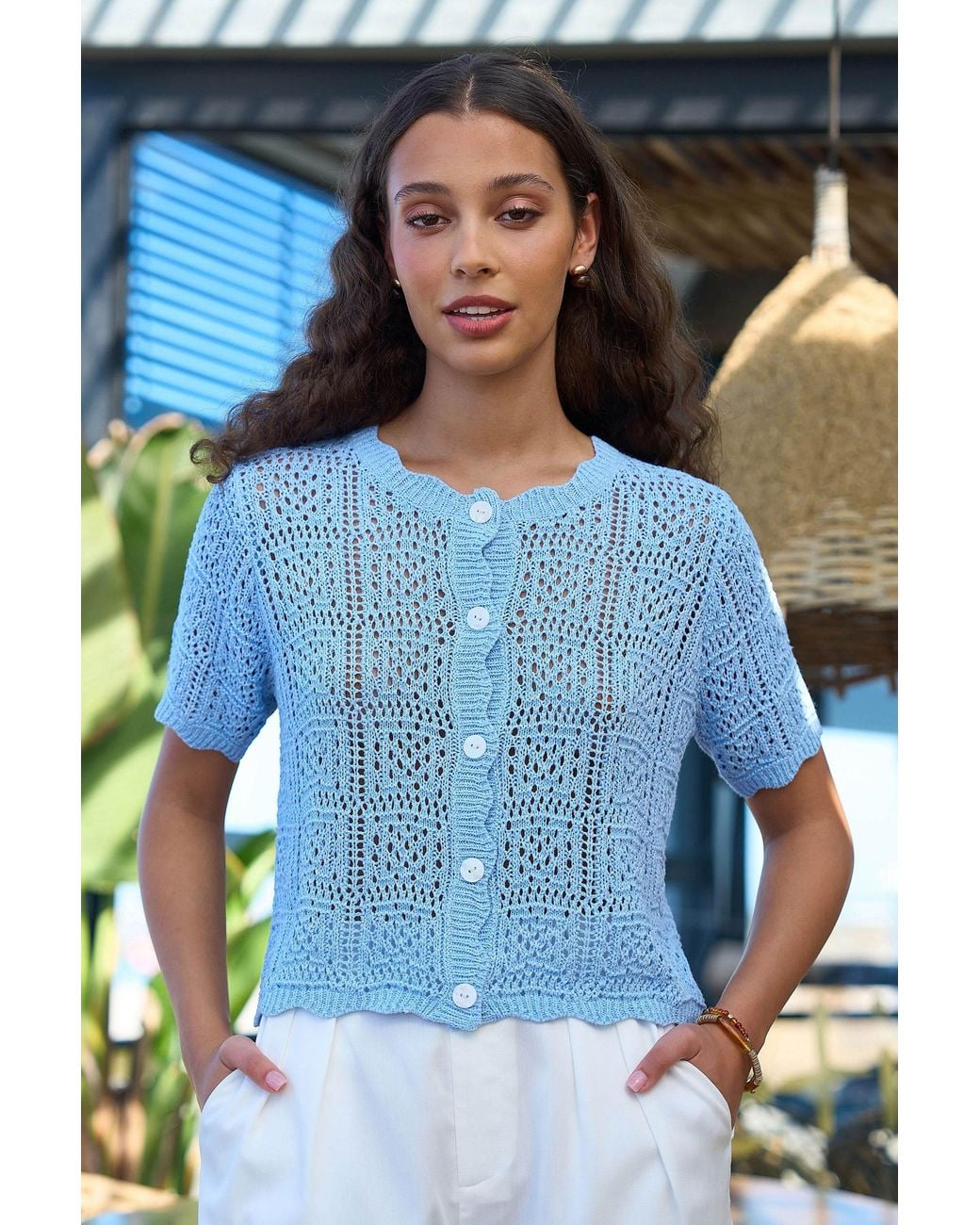 Yumi' Blue Crochet Short Sleeve Cardigan