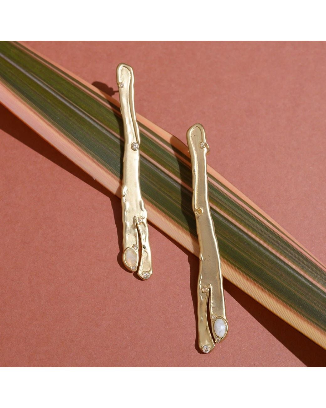 Rare Matters Jewelry Metallic Natural Asymmetry Moonstone Linear Earrings