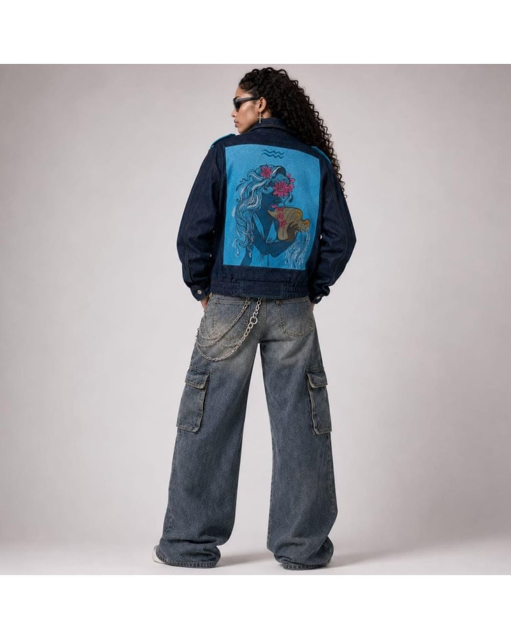 Zasta Studio Blue Zodiac Aries Denim Embroidered Bomber Jacket