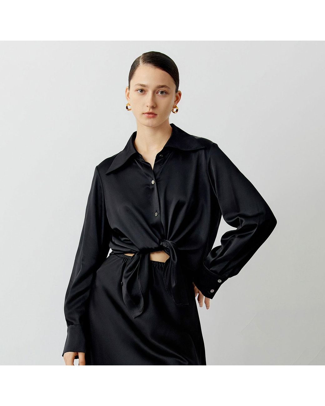 Silkinc Black Wide Collar Silk Shirt