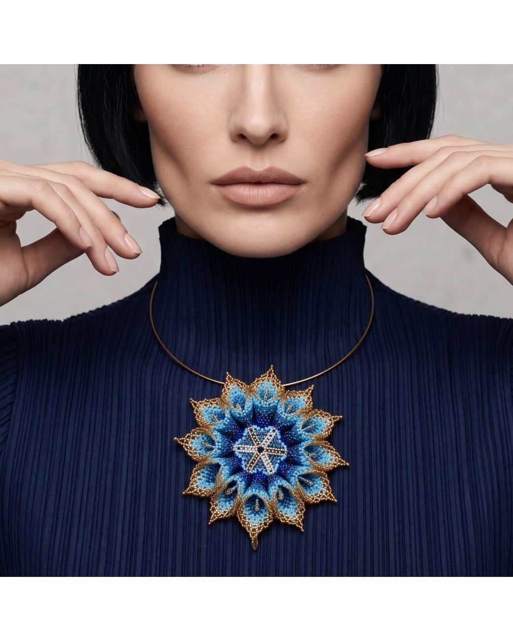 Iliana Arrazola Blue Dahlia Flower Choker, Glass Beads, Beaded Jewelry