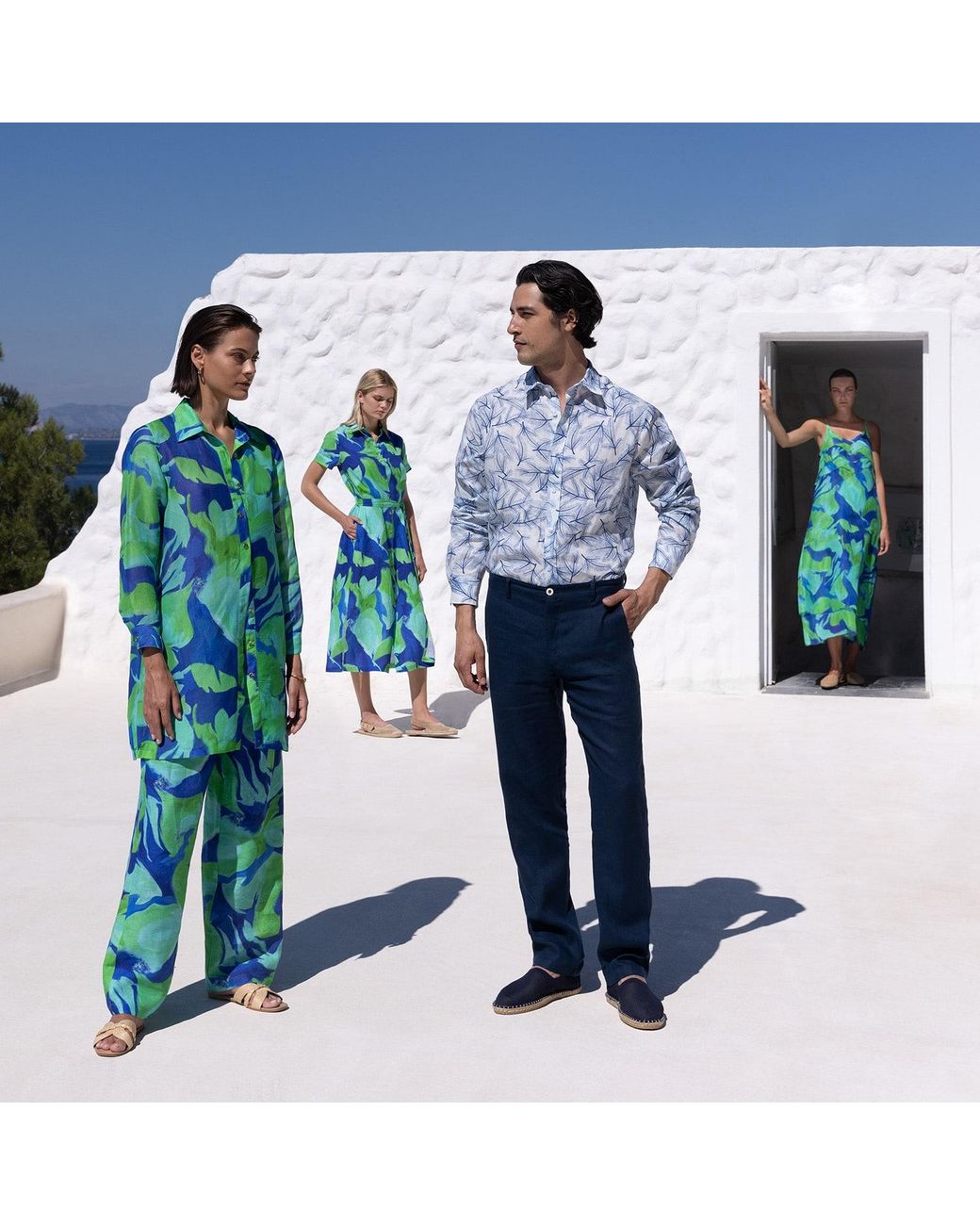 Haris Cotton Green Short-Sleeved Printed Linen Shirtdress Lagoon