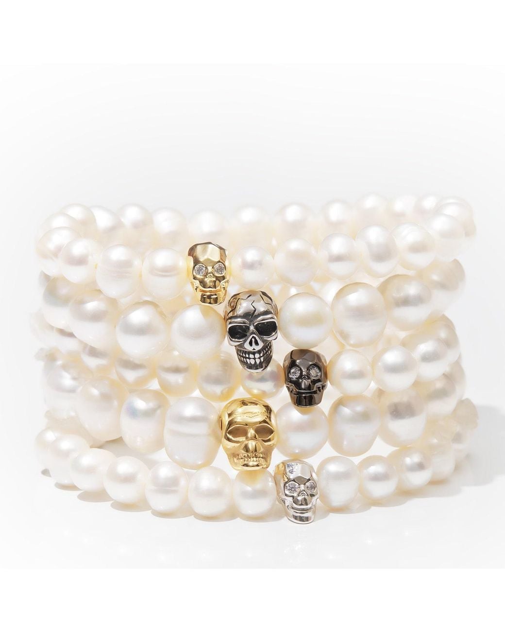 Shar Oke Metallic Freshwater Pearl & Skull & Cubic Zironia Beaded Bracelet for men
