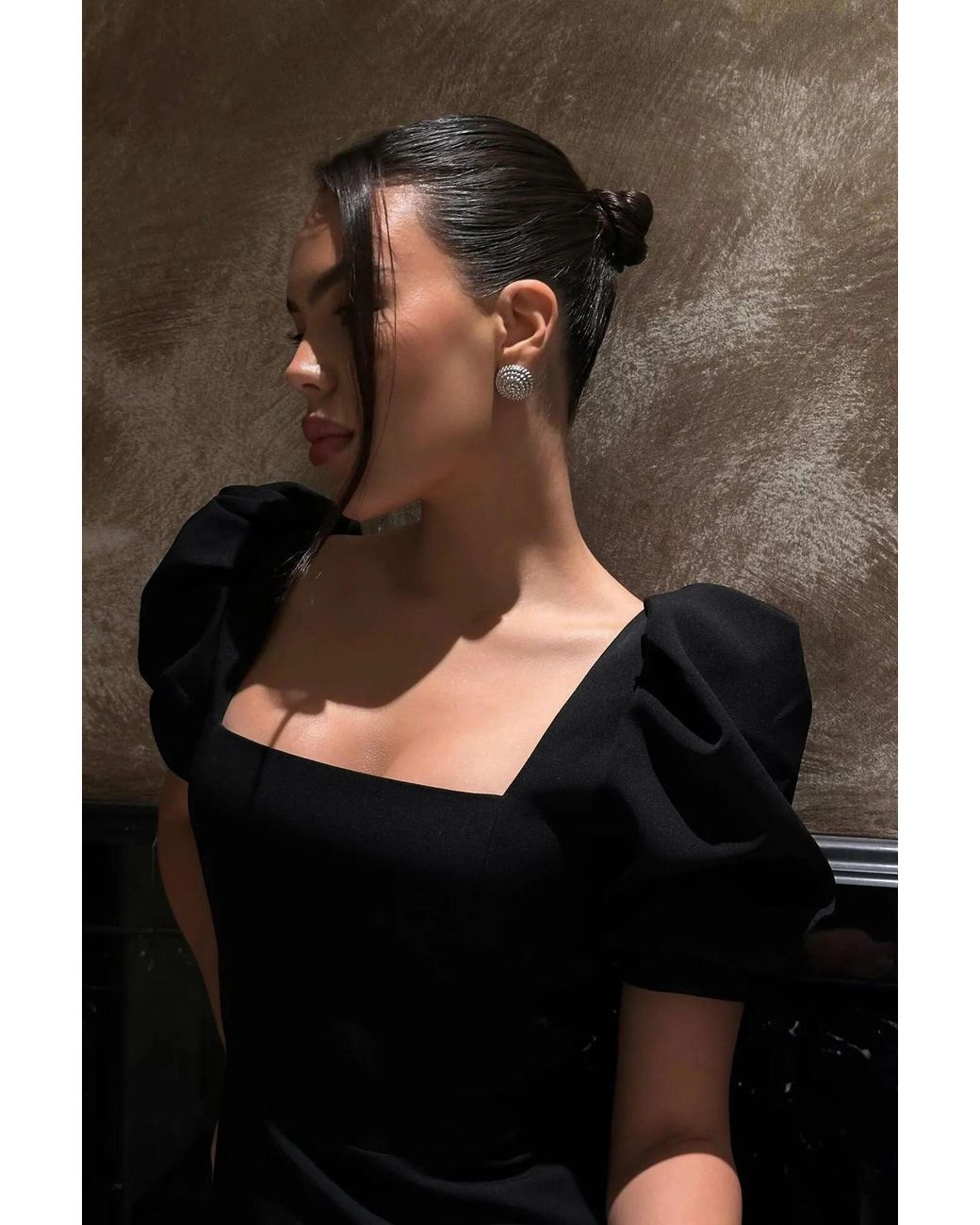 POST MERIDIEM Black Godet Silhouette Square Neck Midi Dress