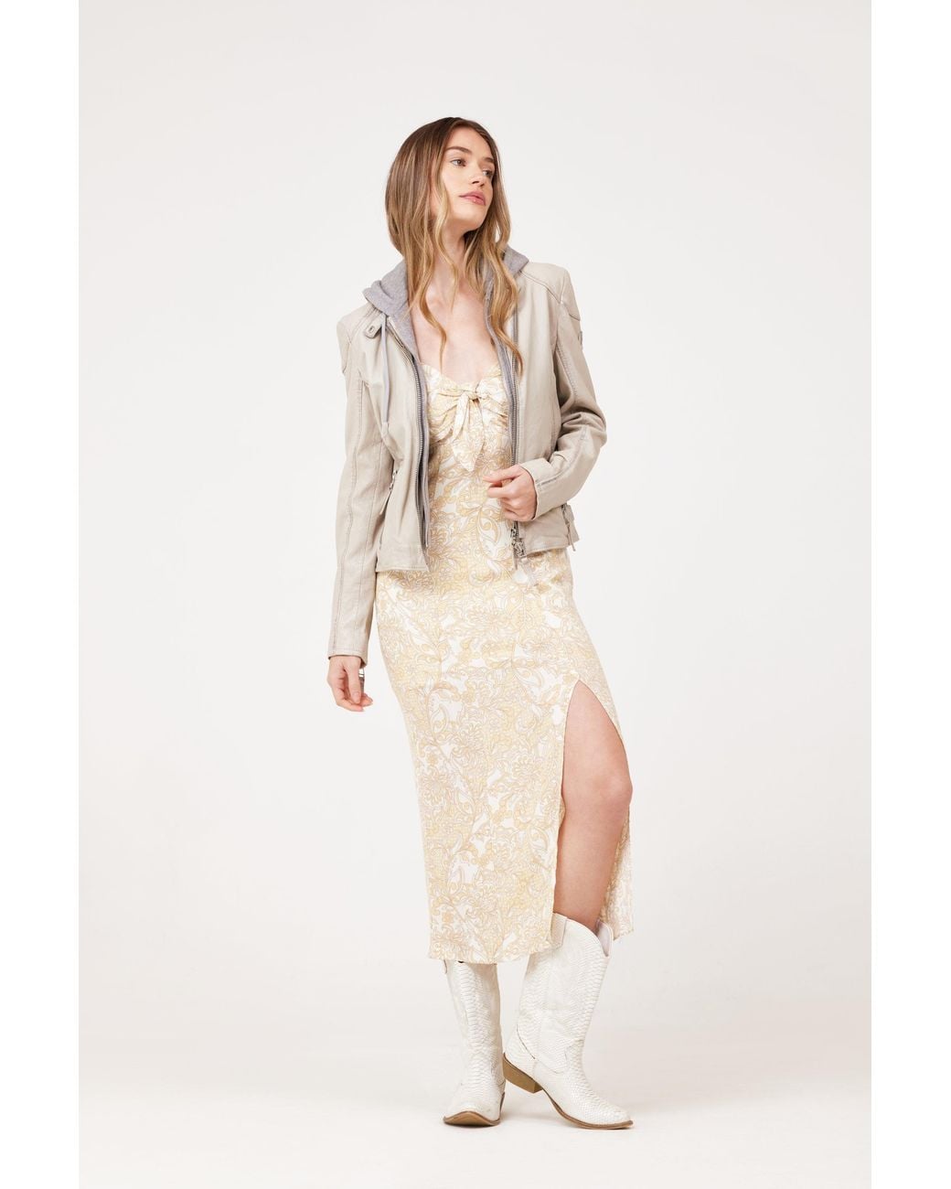 Mauritius Gray Neutrals Leather Moto Jacket Removable Hood Finja Light