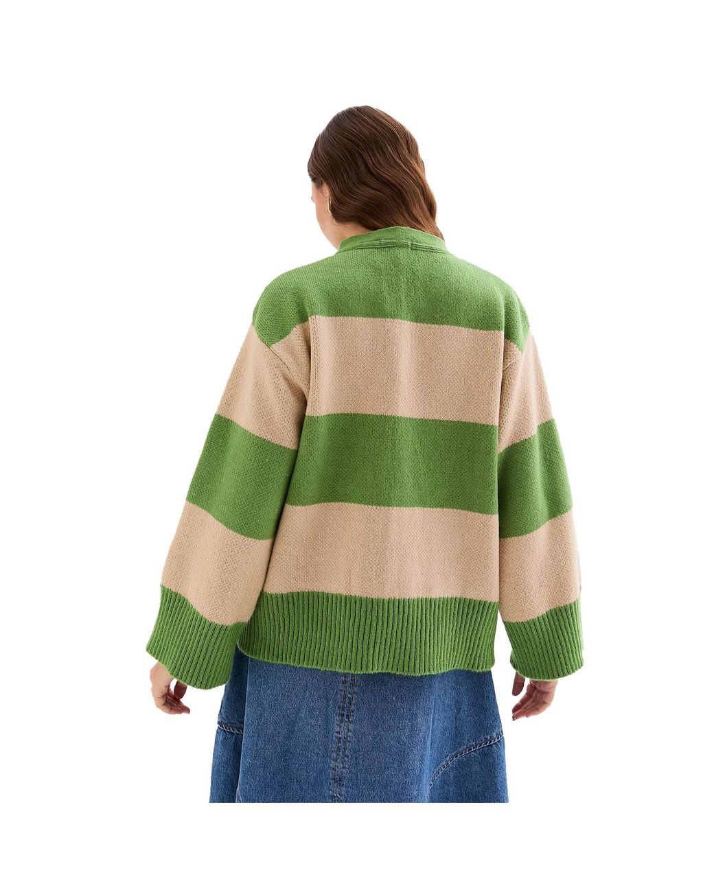 Cara & The Sky Green Candice Chunky Stripe V Neck Button Cardigan
