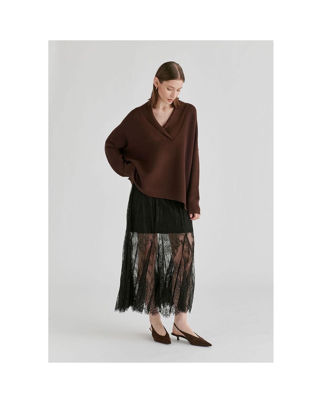 Paisie Brown Shawl Collar Ribbed Jumper