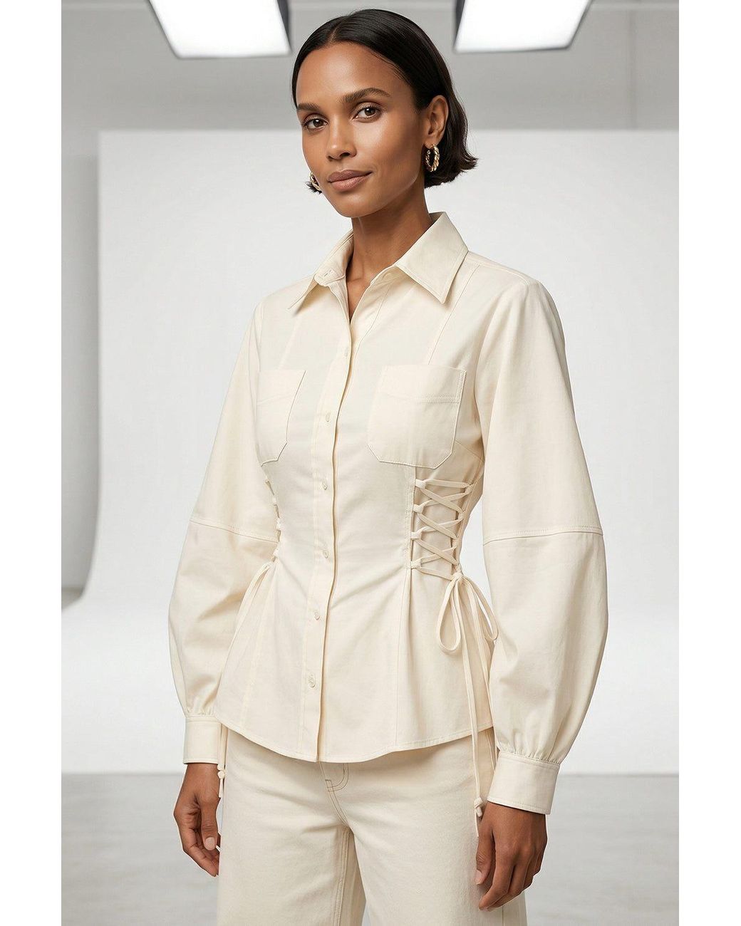 Exquise Natural Neutrals Arcene Fitted Waist Balloon Sleeve Shirt