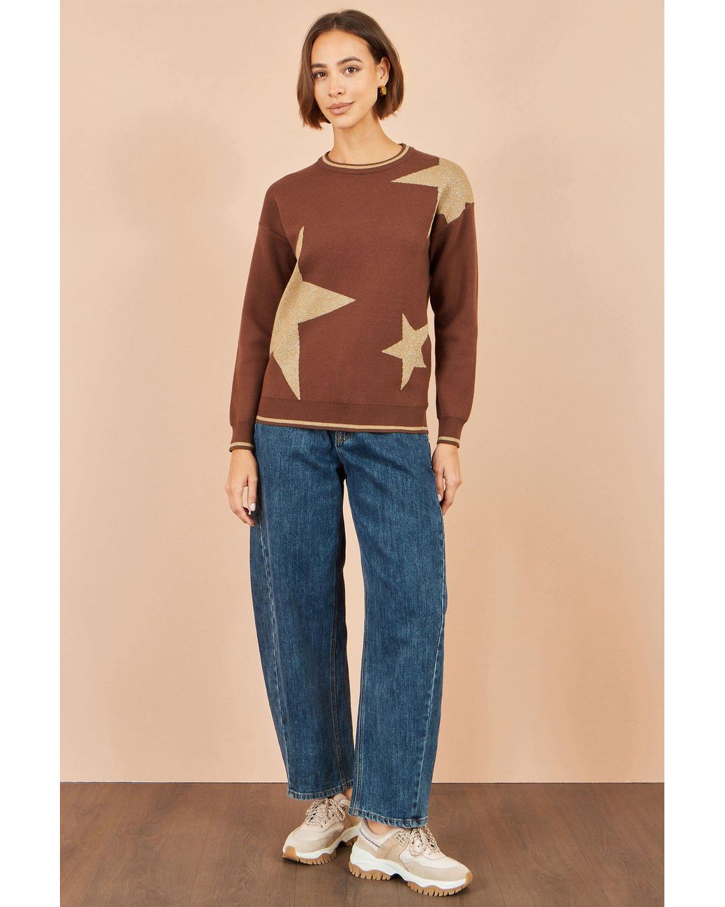 Yumi' Brown Viscose Star Relaxed Jumper With Sparkle