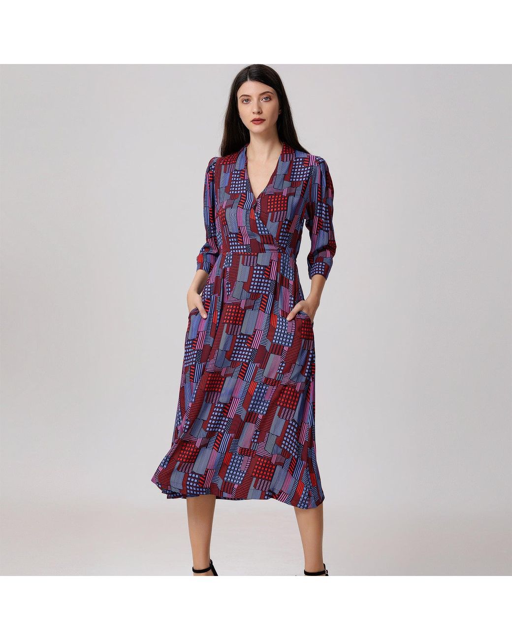 Smart and Joy Purple Geometric Print Viscose Wrap Midi Dress