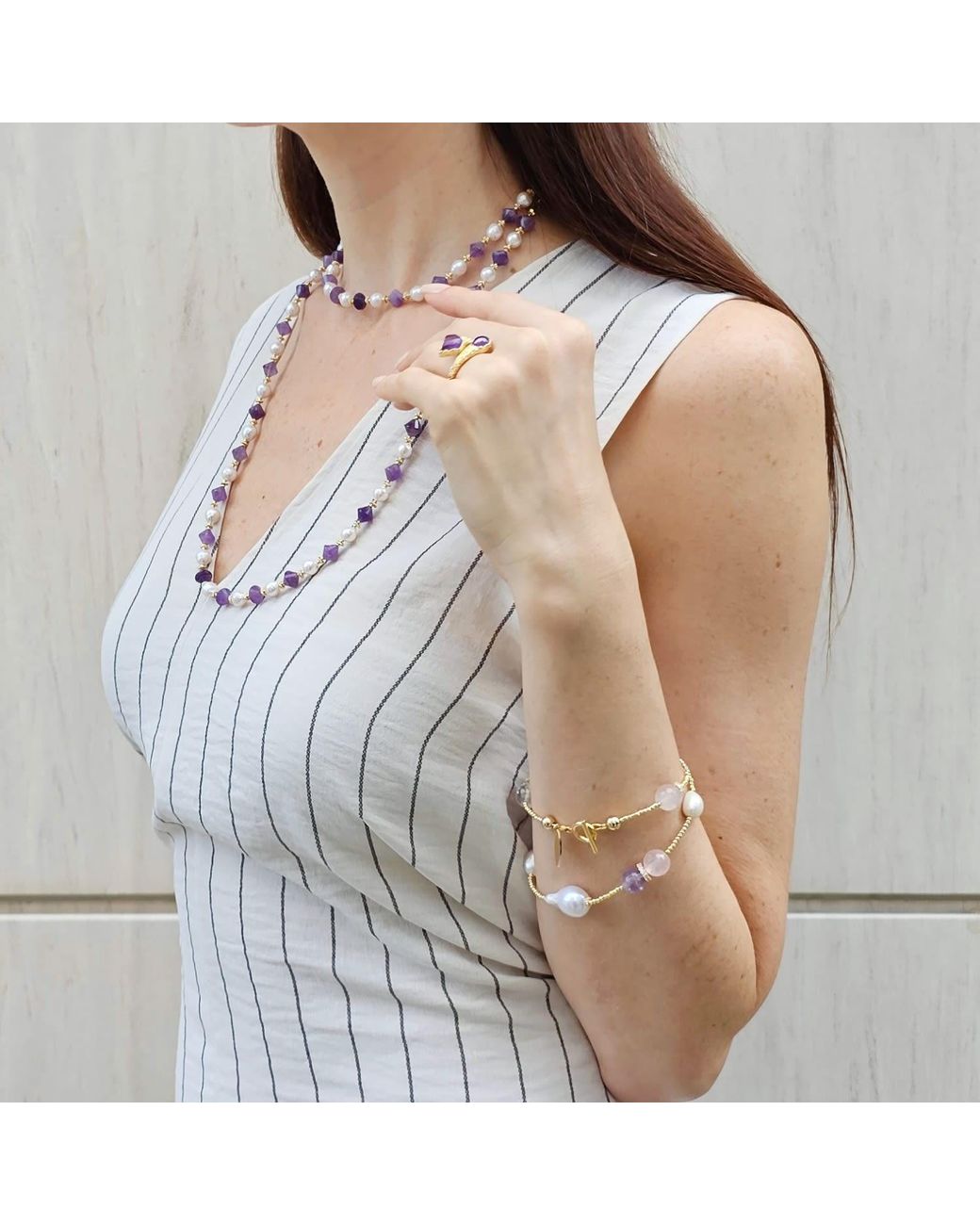 Farra Metallic Baroque Pearls With Rose Quartz And Amethyst Double Layers Bracelet