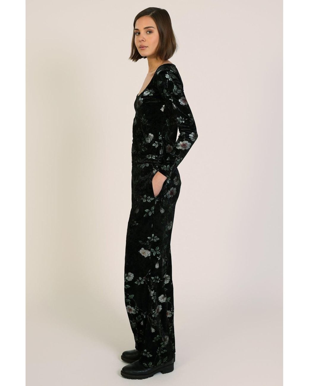 Traffic People Black Swan Song Metallic Velvet Floral Edith Wide Leg Trousers
