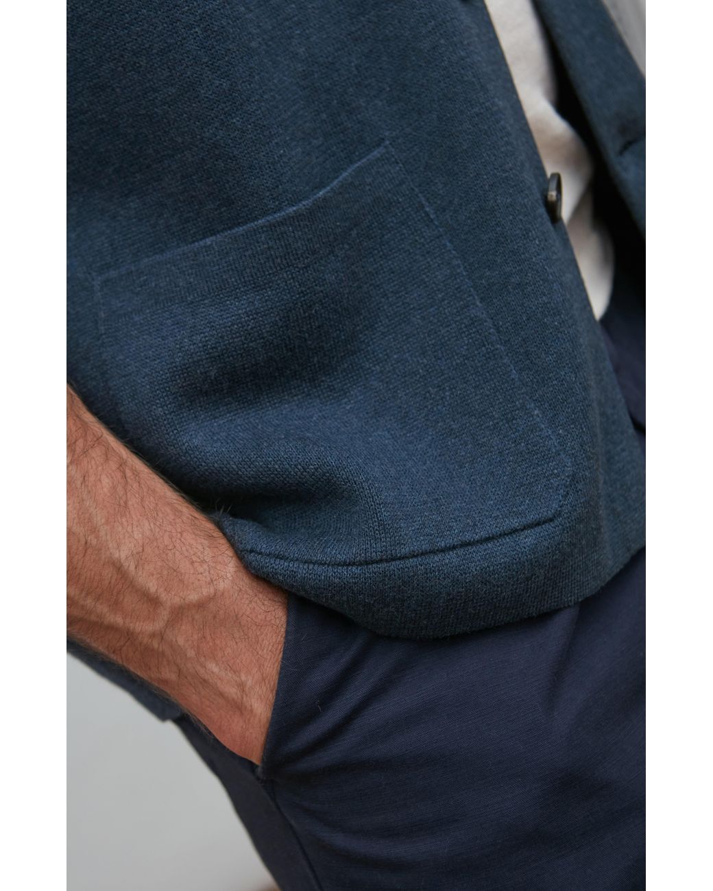 Paul James Knitwear Blue Midweight Cotton Cochin Knitted Nehru Waistcoat for men