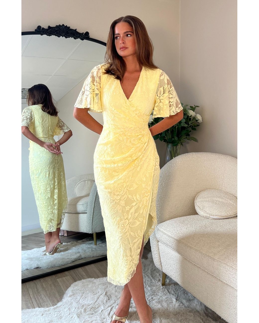Girl In Mind Yellow Natasha Angel Sleeve Wrap Midi Dress