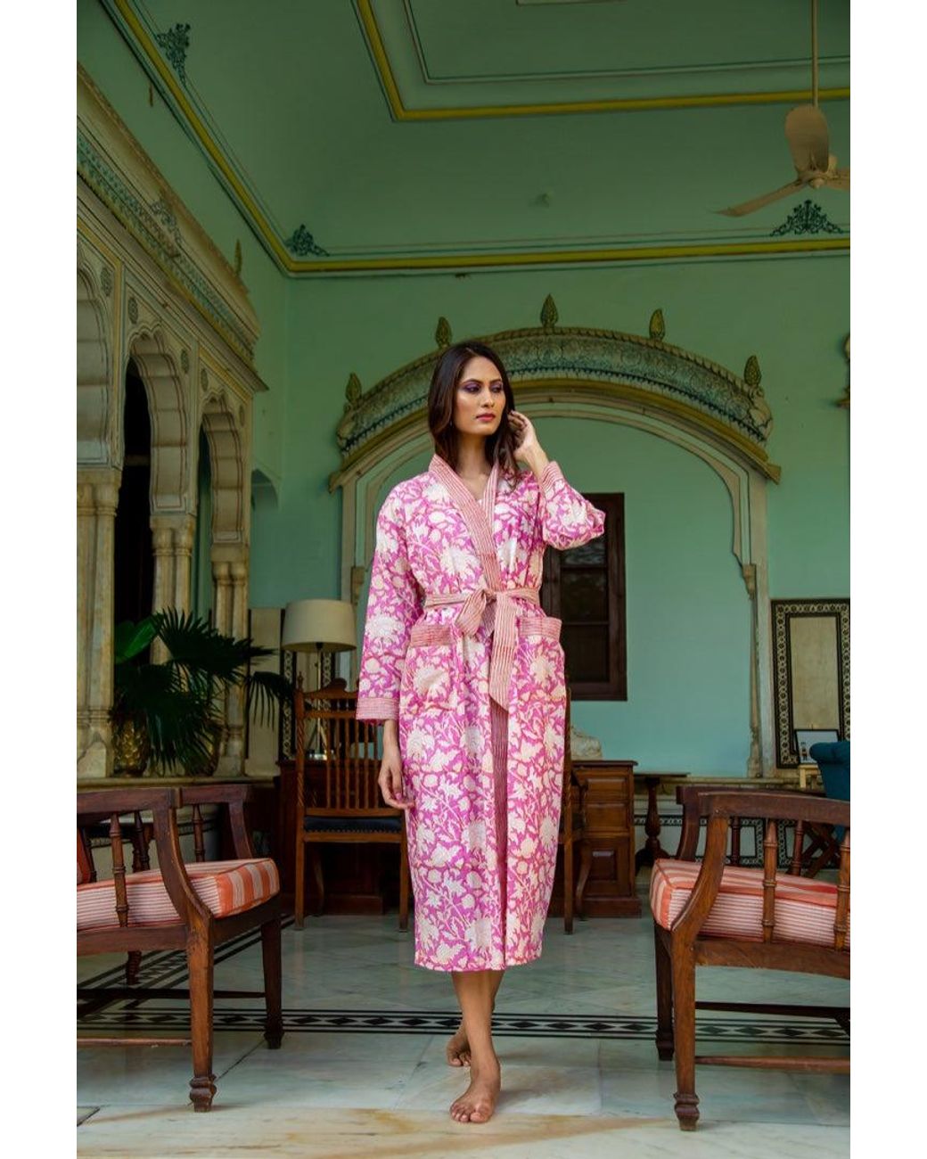 NoLoGo-chic Pink Hand Printed Kimono Robe