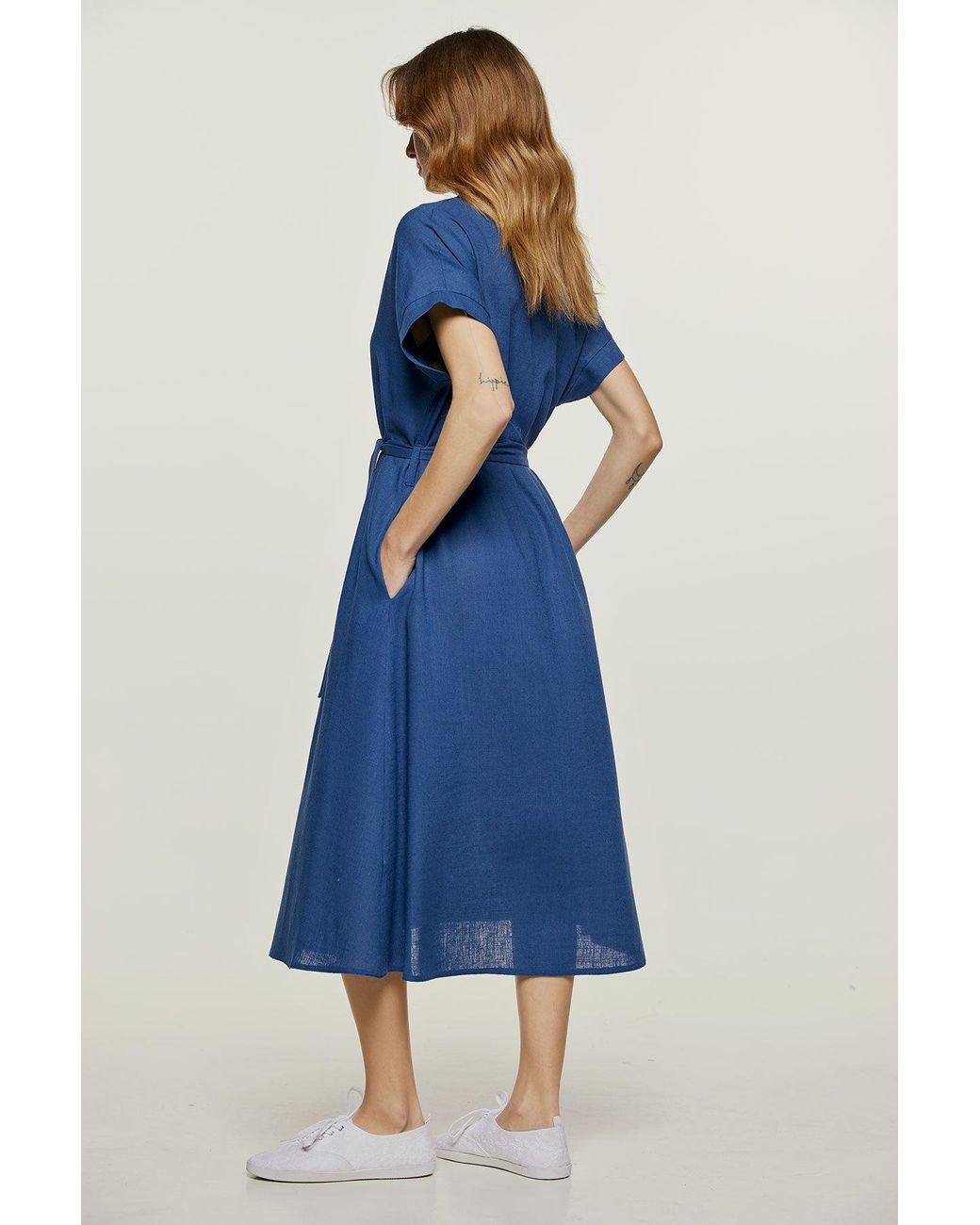 Conquista Blue Linen Style Belted Midi Dress