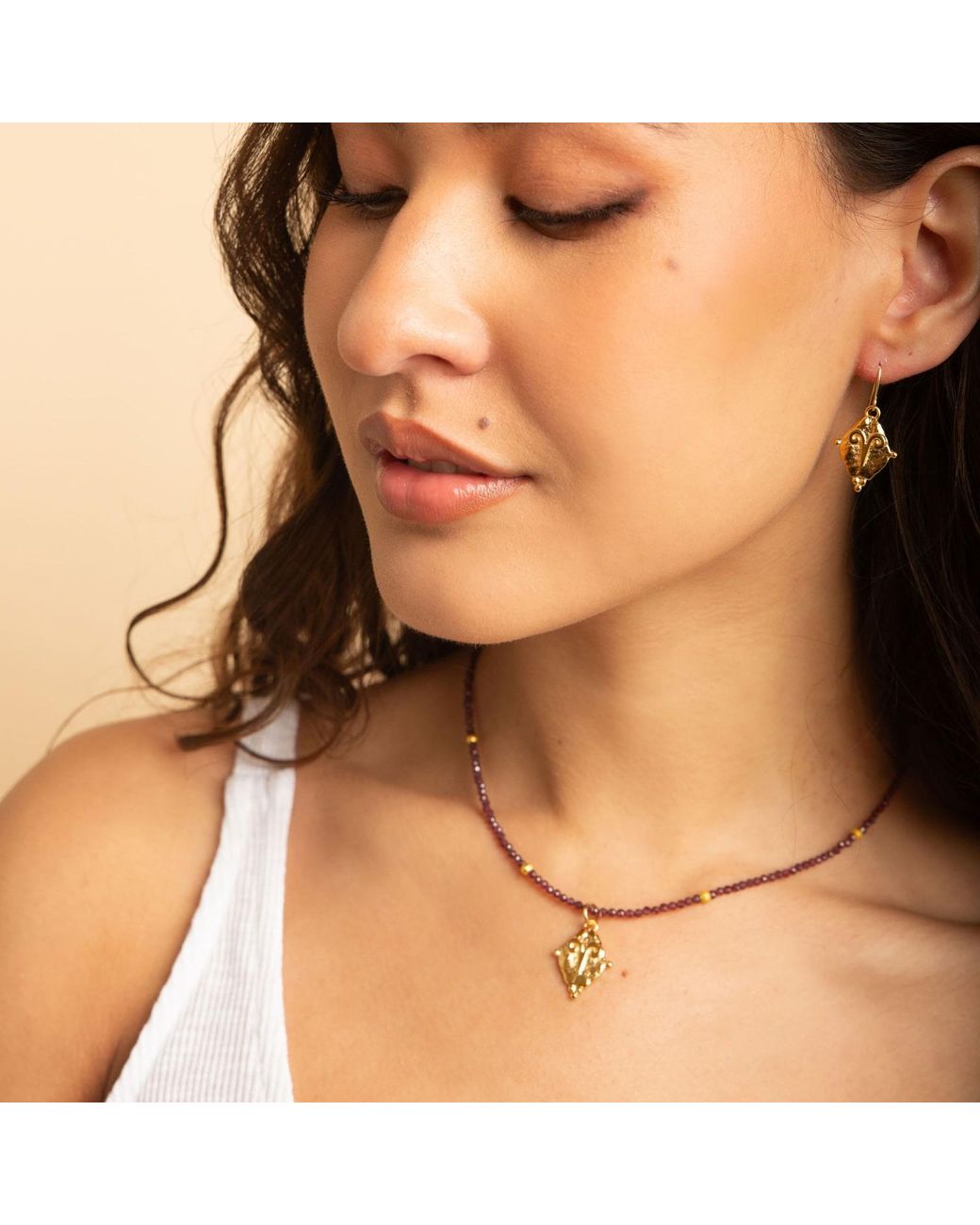 Seven Saints Metallic Aries Gemstone Choker Necklace, Garnet, Rhodium Plated