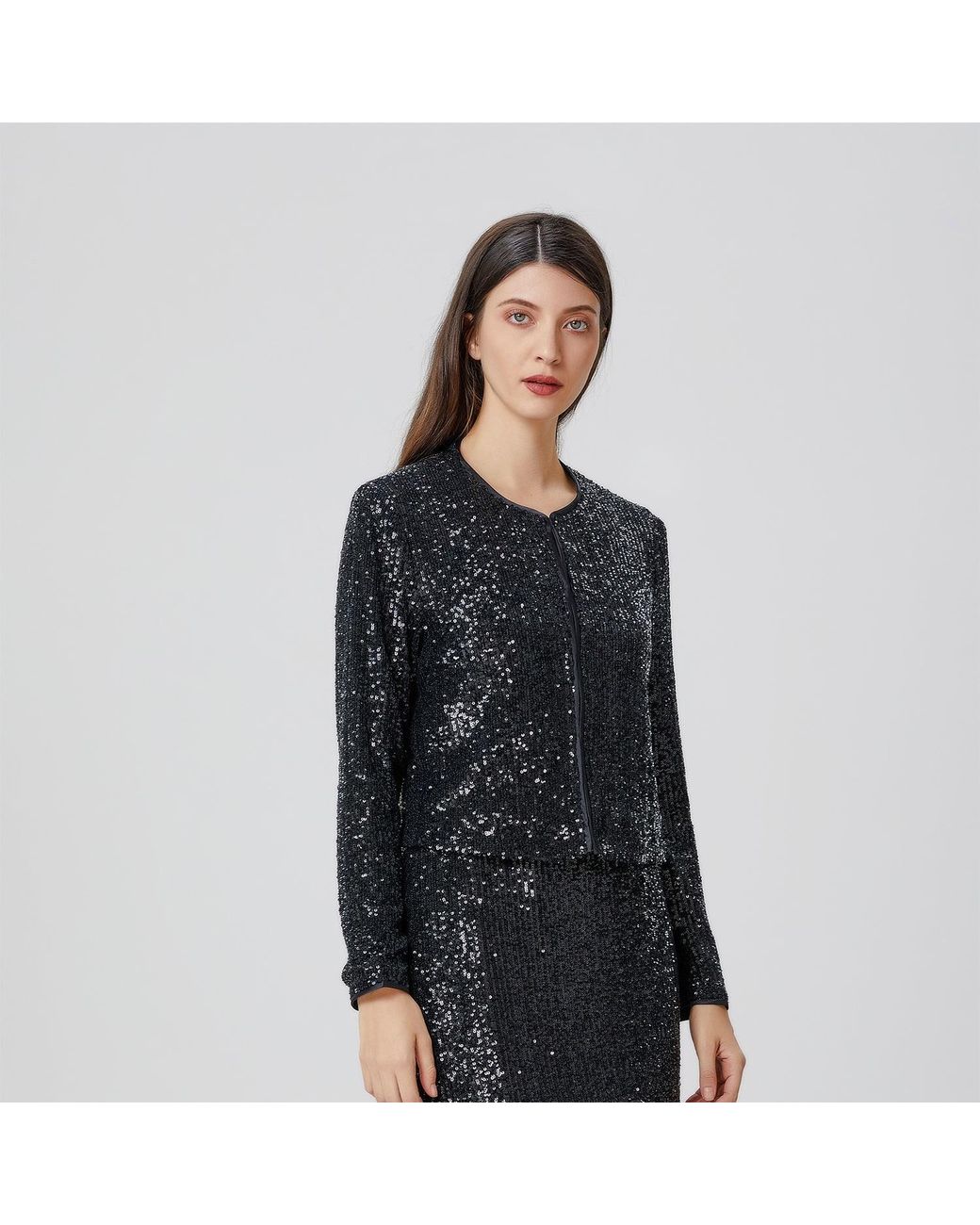 Smart and Joy Gray Rhinestone Jacket With A Round Neckline