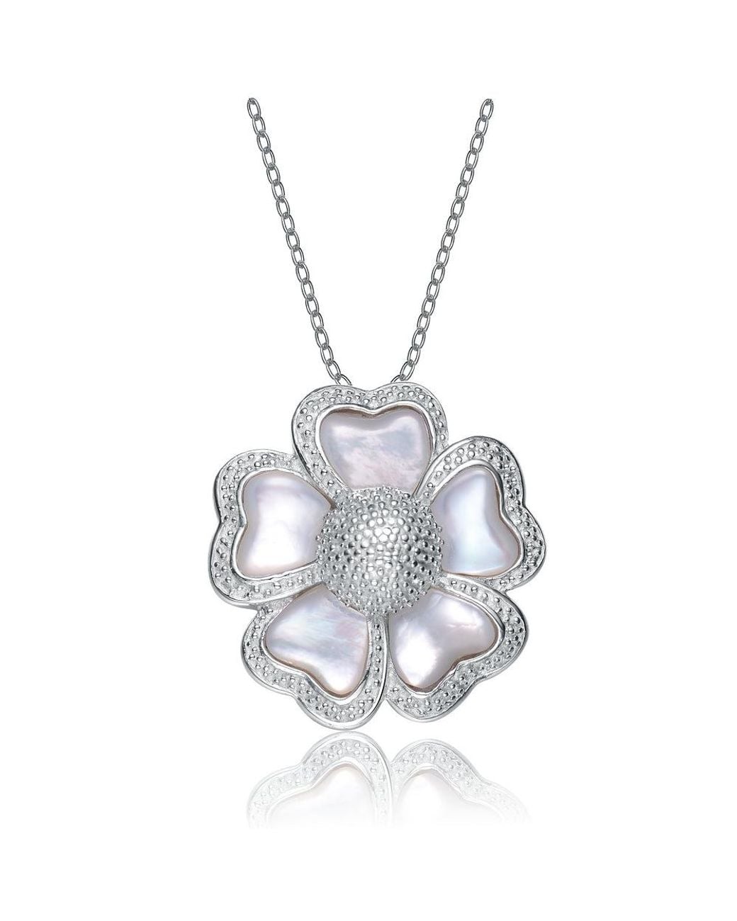 Genevive Jewelry Metallic Cubic Zirconia Sterling Rhodium Plated Mother Of Pearl Flower Pendant