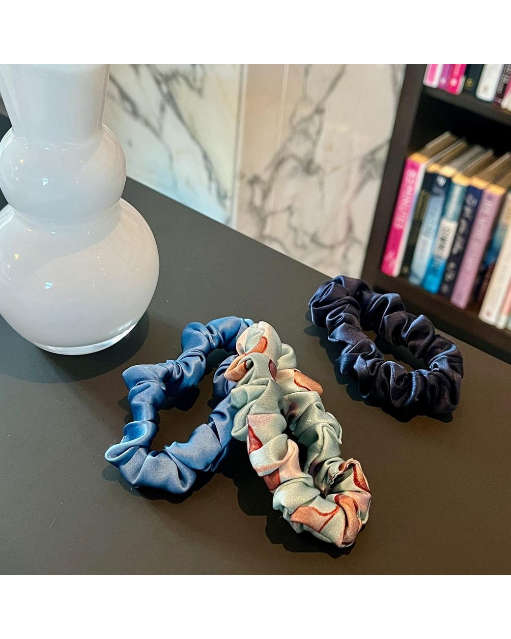 Soft Strokes Silk Blue Set Of Three Pure Mulberry Silk Mini Scrunchies Weekly Special Hair Ties Lakeside Serenity