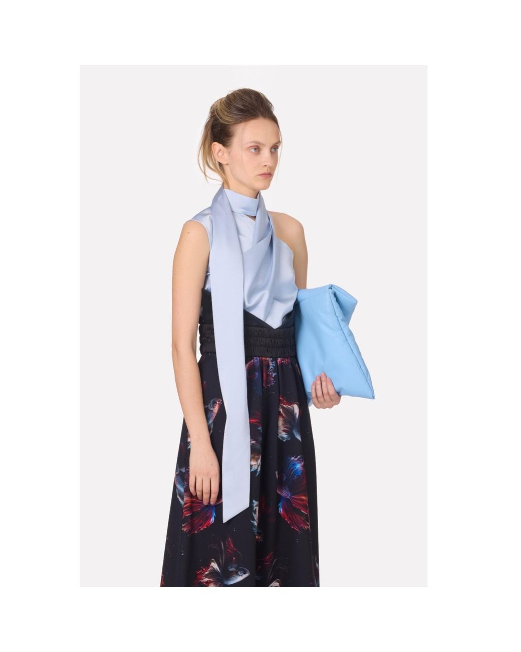 Julia Allert Blue Asymmetrical Satin Top With Choker Collar Light