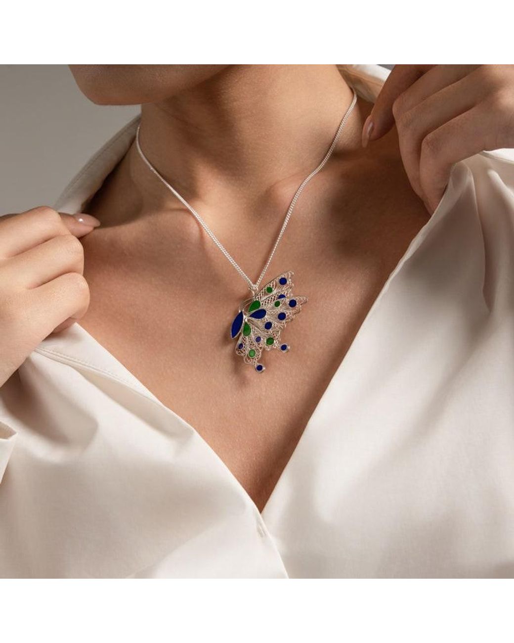 Far East Jewelry White Handcrafted & Enamel Butterfly Dance Necklace