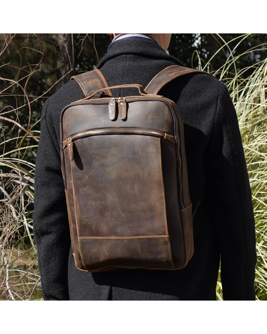 Touri Brown Minimalist Zip Open Leather Backpack