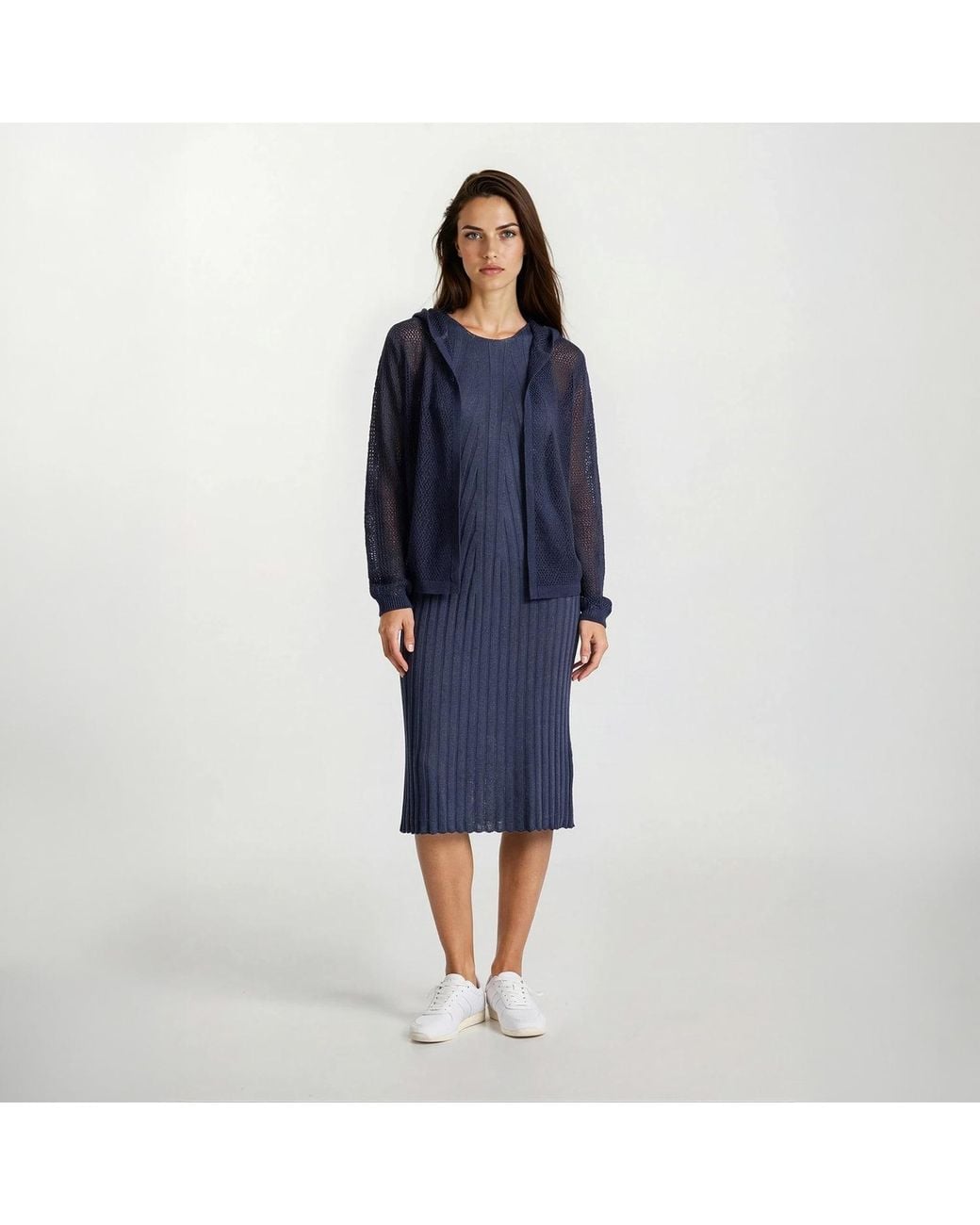 Haris Cotton Blue Open-Knit Cardigan With Hood Denim