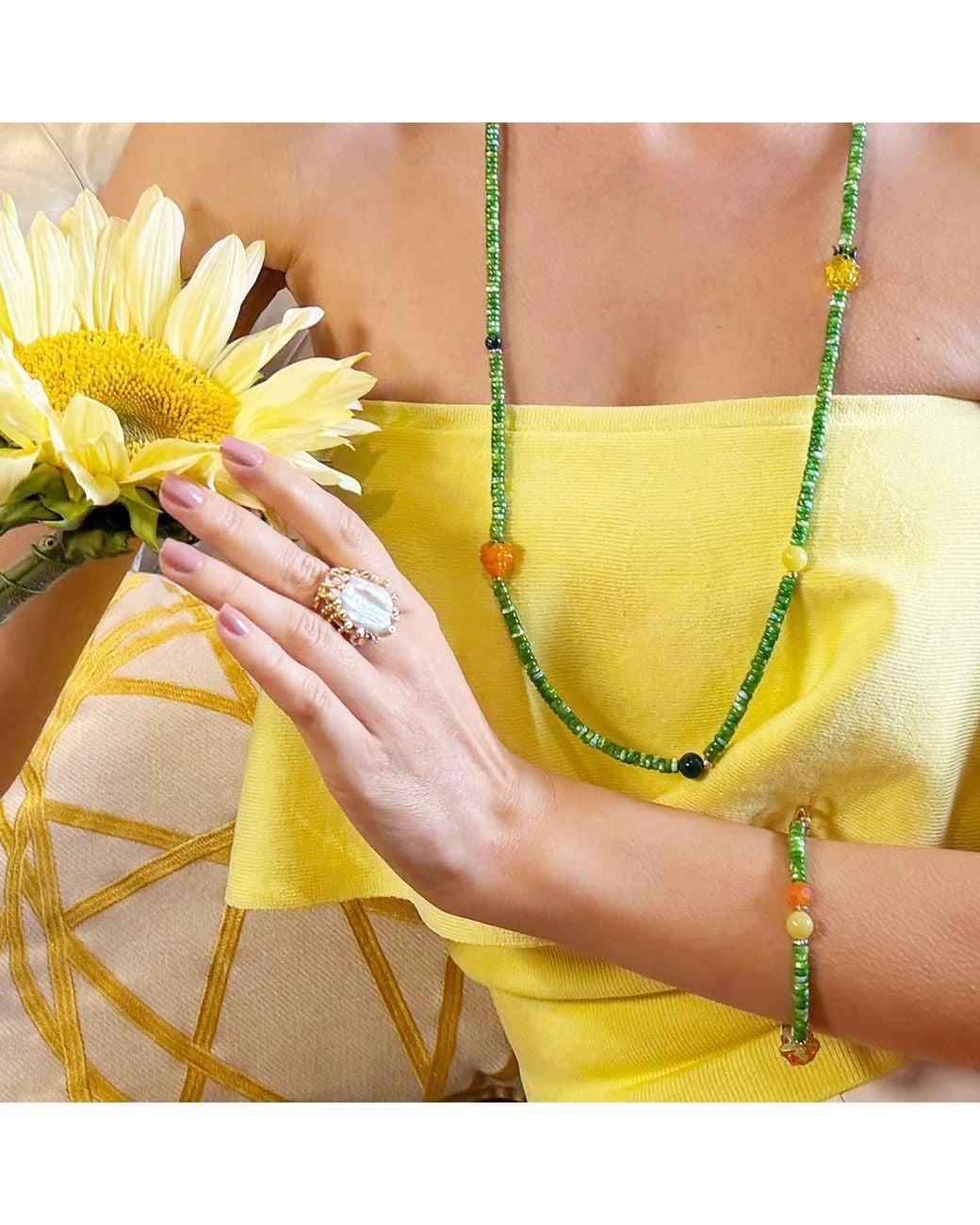 Farra Metallic Flat Baroque Pearl With Colorful Zircon Cocktail Ring