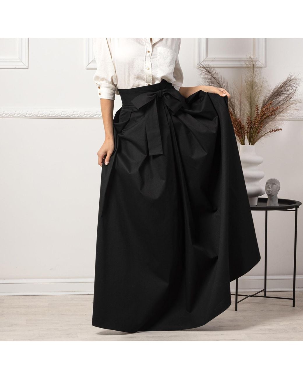 Nikka Place Maxi Cotton Elegant Skirt With Front Bow & High Waist
