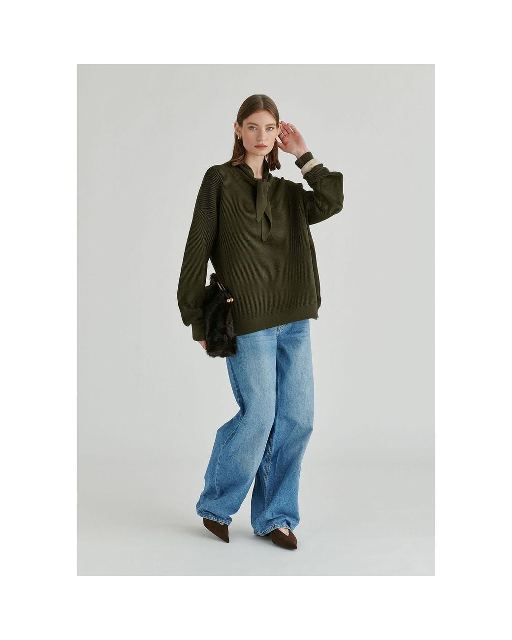 Paisie Green Ribbed Jumper With Attached Scarf Tie