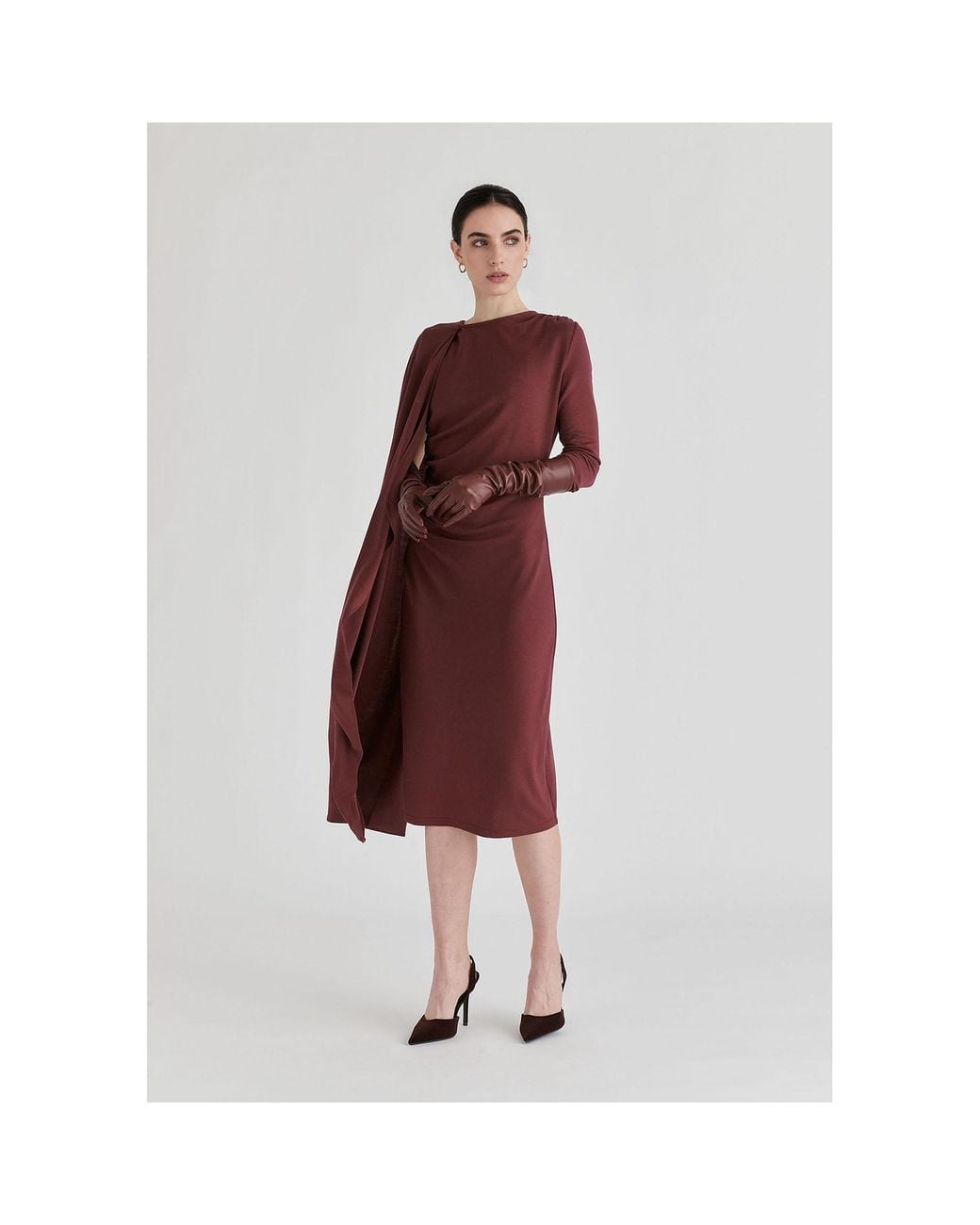 Paisie Red Asymmetrical Cape Sleeve Lyocell Jersey Midi Dress