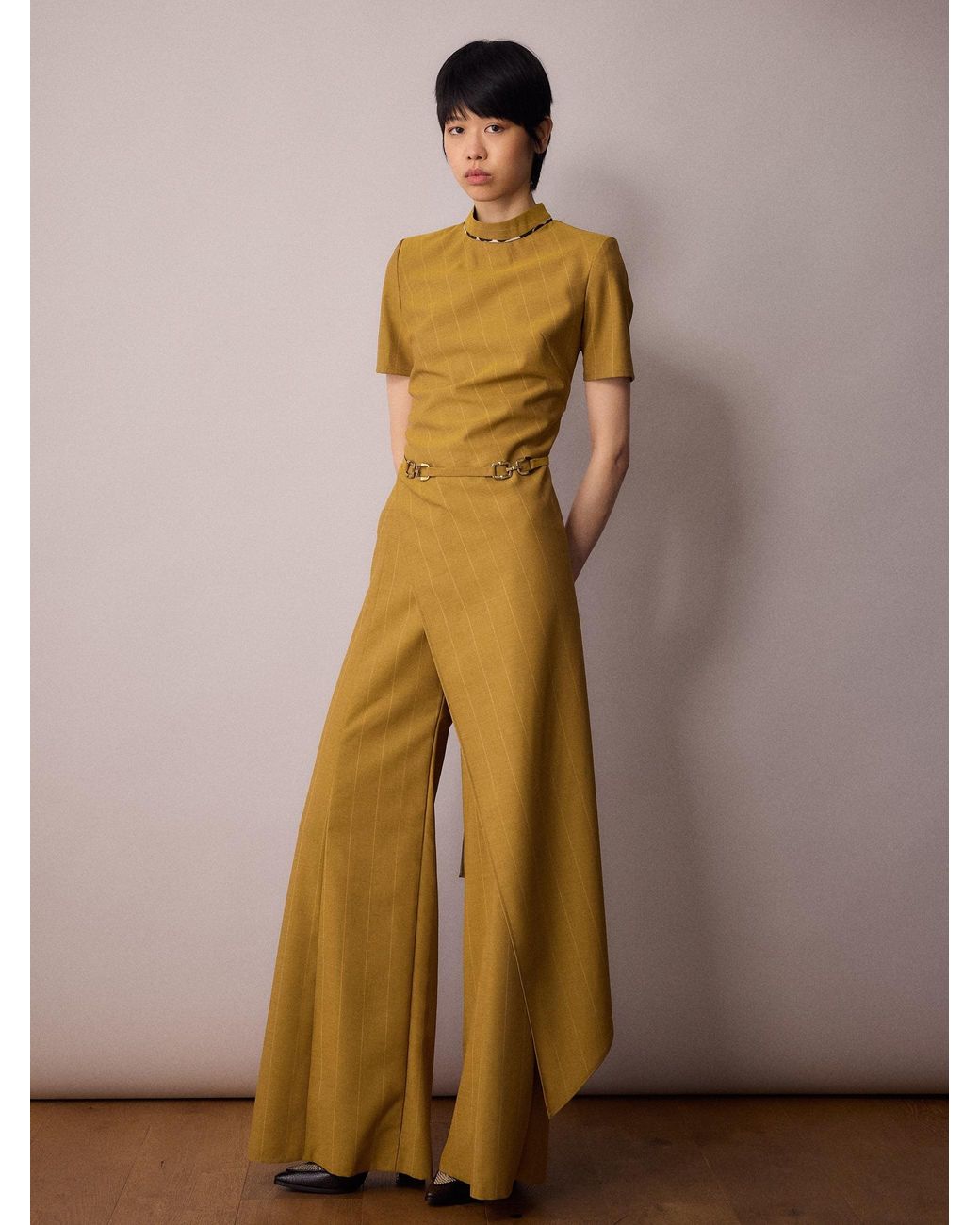 Amanda Thompson Couture Metallic Tilda Asymmetric Top/ Mustard Pinstripe