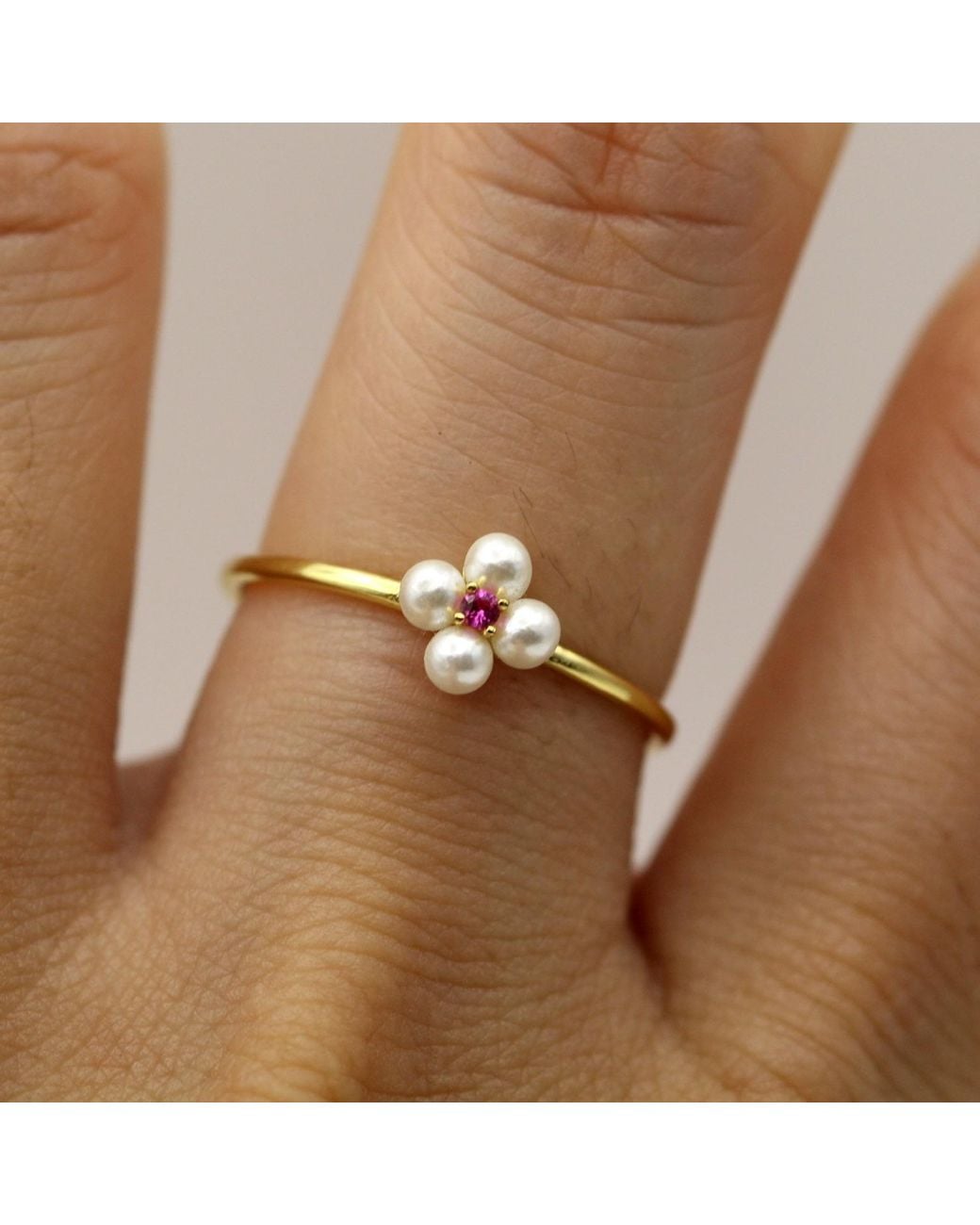 VicStoneNYC Fine Jewelry Metallic Flower Pearl With Ruby Gemstone Ring