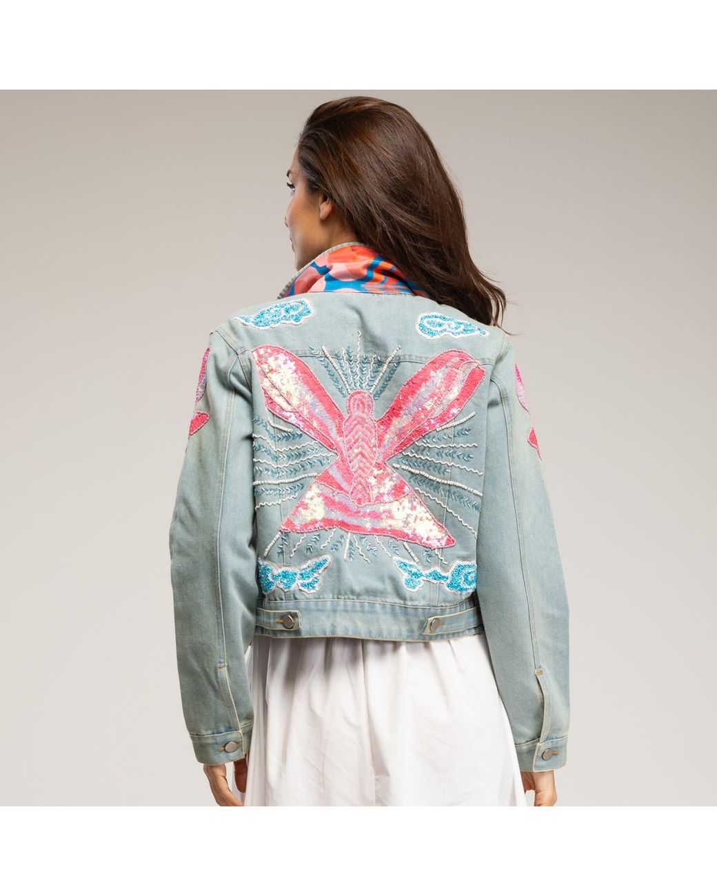 Tantra Spain Sl White Denim Jacket With Embroidered Butterfly Design And Sequins