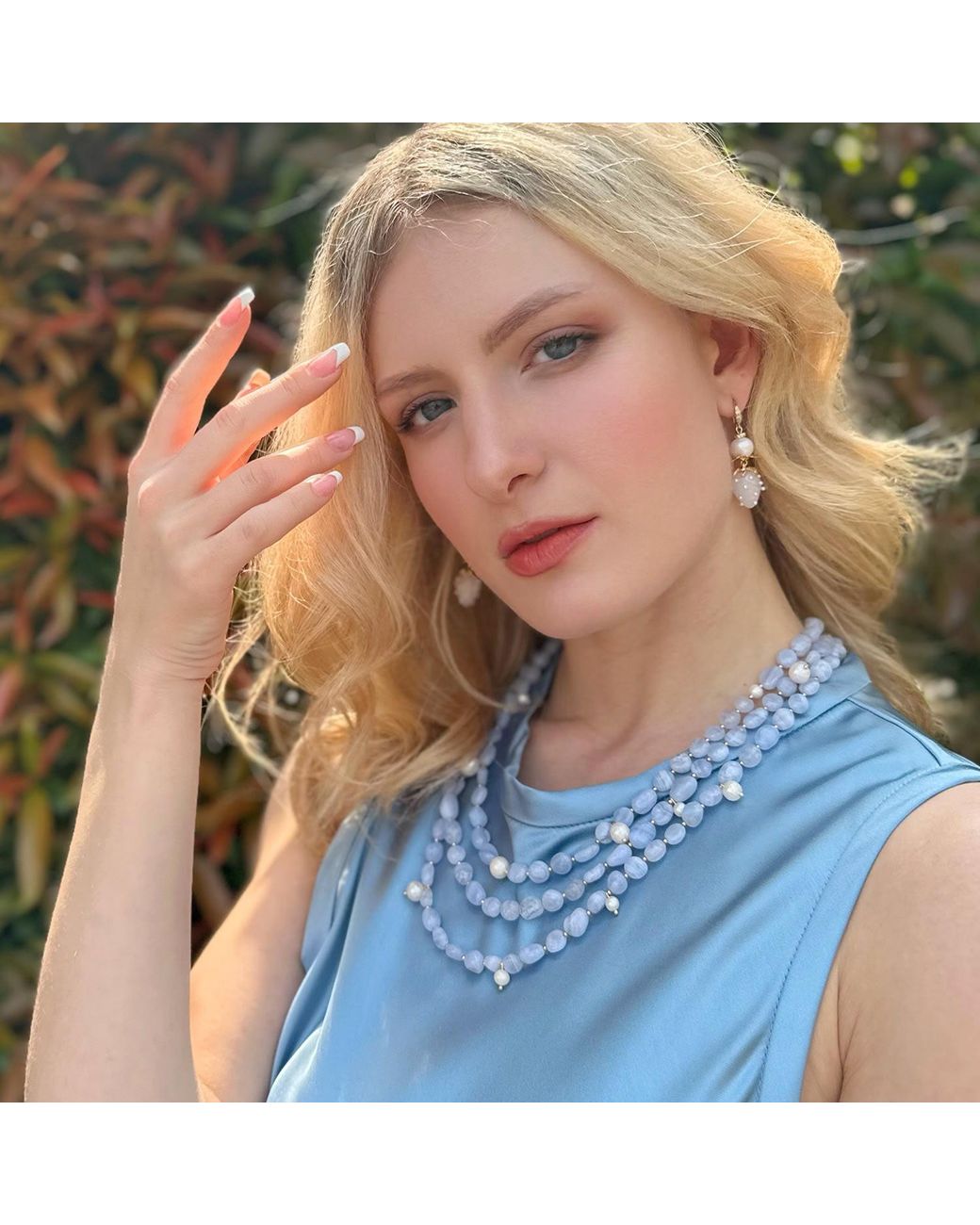 Farra Blue Multi-Layers Lace Agate With Pearls Necklace