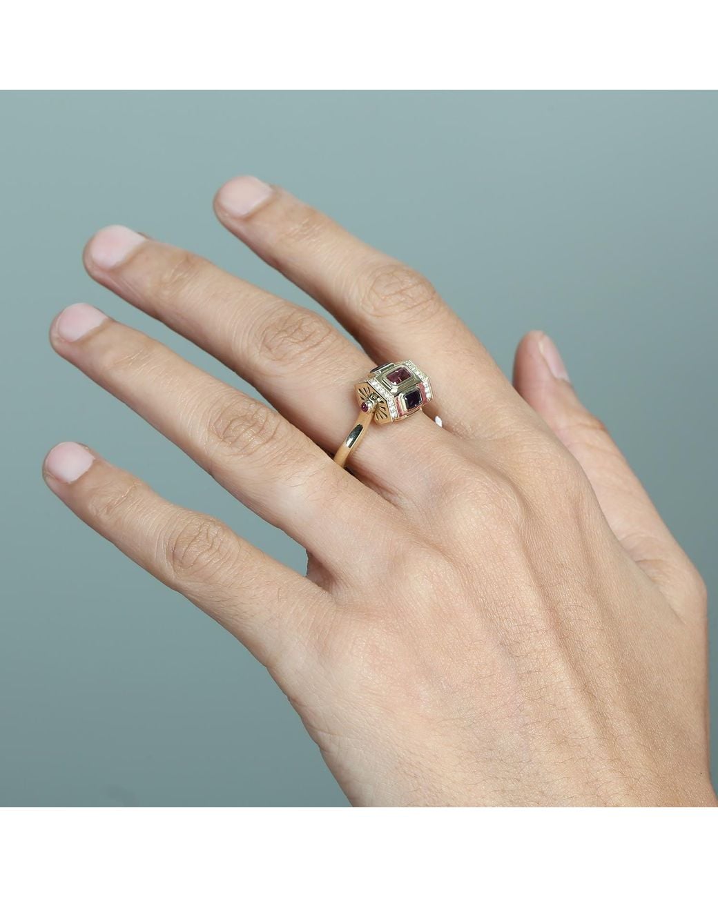 Artisan White 14K Garnet, Tourmaline, Topaz, Amethyst & Diamond Geometric Ring