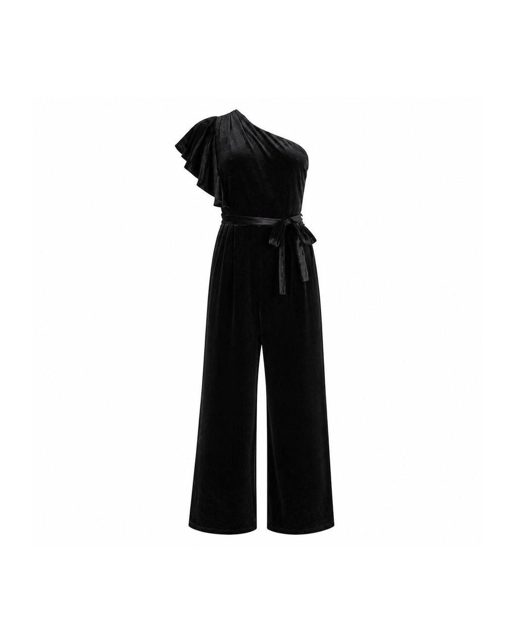 Yumi' Black One Shoulder Velvet Jumpsuit