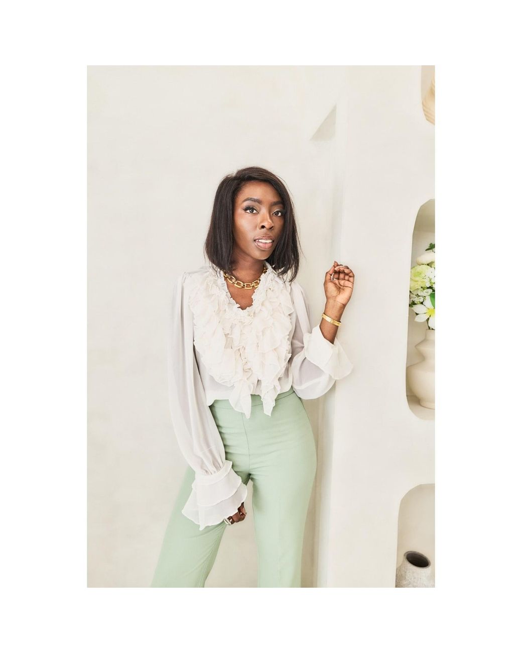 34B White Neutrals Felise Ruffle Blouse